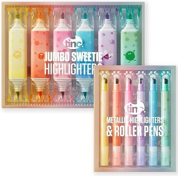 Tinc Kids Dual Ended Roller Stamp Metallic Highlighters + Jumbo Sweetie Highlighter Marker Pen - Set of 12 Pens - Fun School Pens for Girls and Boys