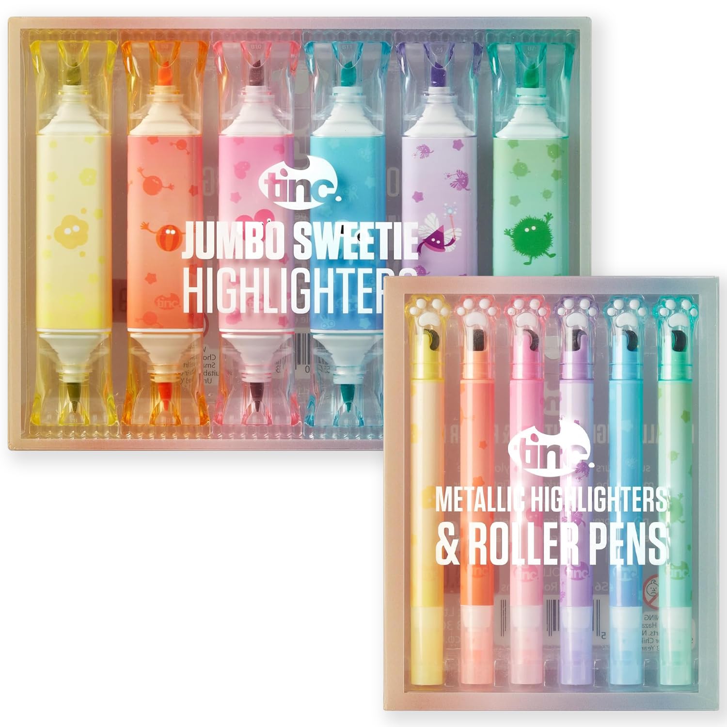 Tinc Kids Dual Ended Roller Stamp Metallic Highlighters + Jumbo Sweetie Highlighter Marker Pen - Set of 12 Pens