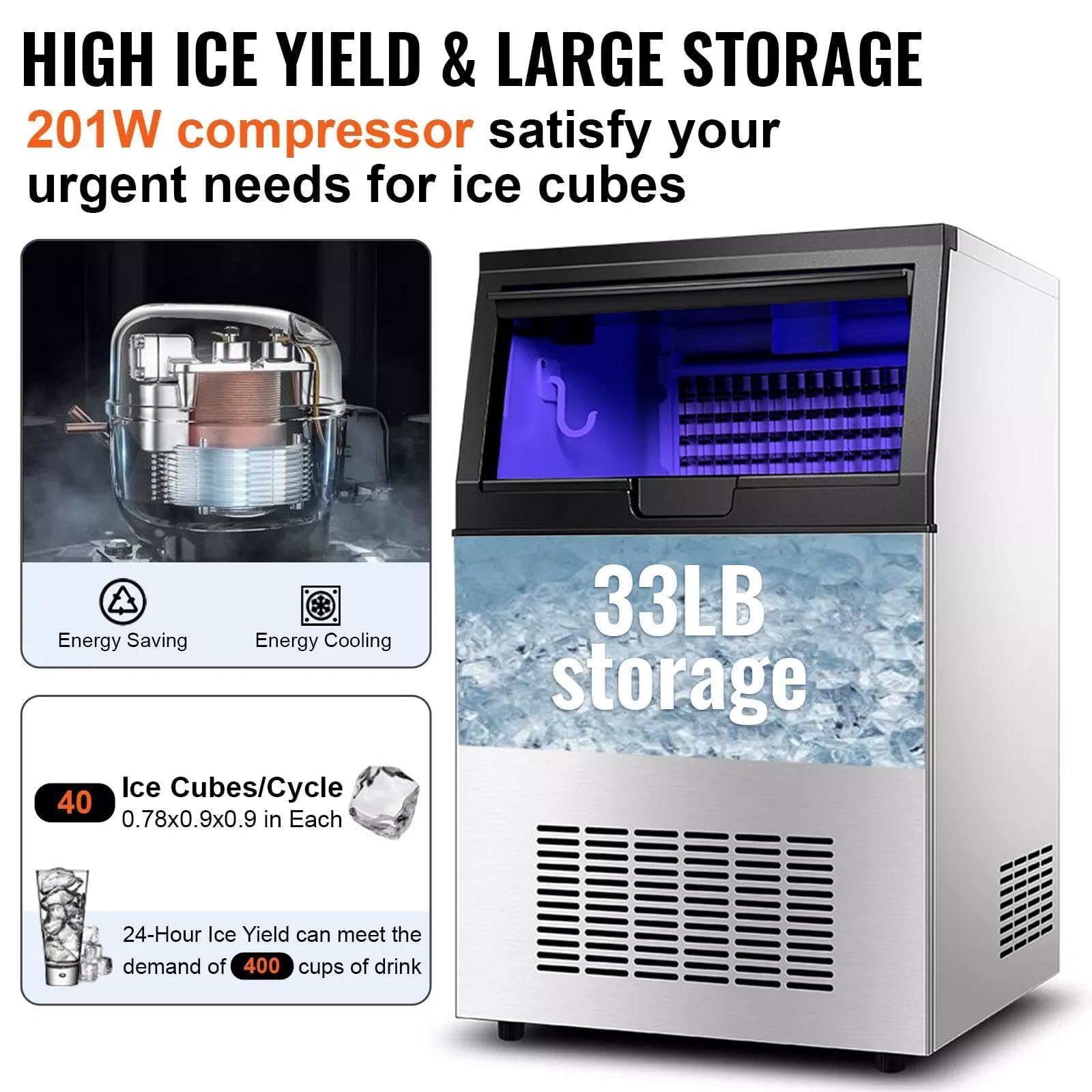 Macchina per il ghiaccio commerciale, 60 kg/24 h, grande contenitore da 15 kg, 40 cubetti di ghiaccio a sfera, macchina per ghiaccio da tavolo in acciaio inox autopulente, con compressore da 201 W