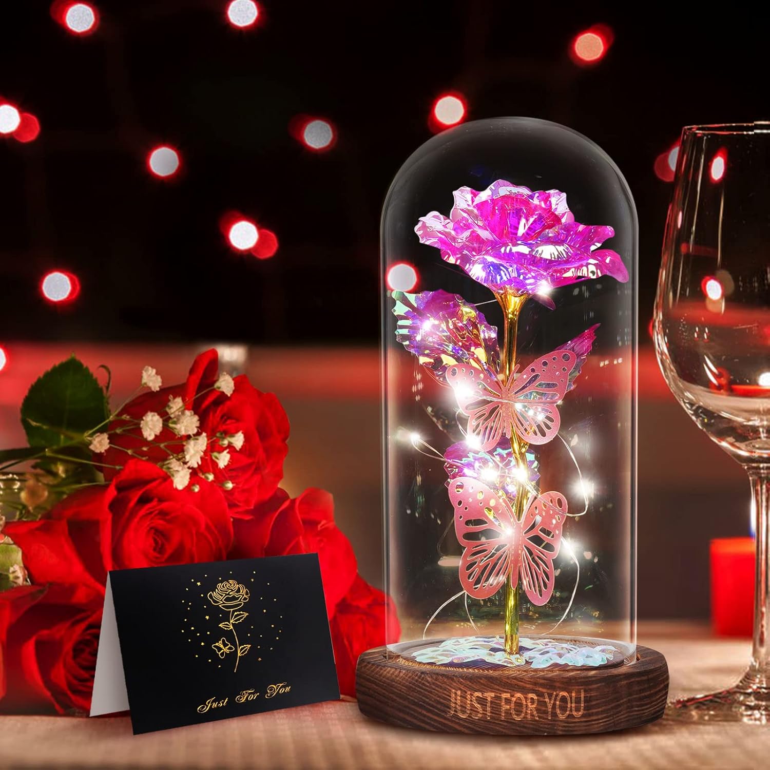 WOKEISE Valentines Day Gifts for Her, Light Up Rose Butterfly in Glass Dome, Birthday Anniversary Flowers Lighted Roses Gifts for Women,Wife,Mom, Grandma,Girlfriend,Girls,Sister-Pink - Image 7