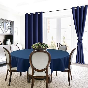 Hiasan Tieback Thermal Insualted Blackout Curtains for Bedroom, 42 W x 63 L, Navy Blue, 2 Panels and Navy Blue Round Tablecloth 60 Inch, 1 Piece