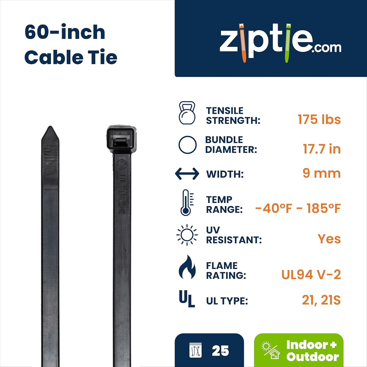 ZipTie.com 60-inch UV Resistant Black Multi-Purpose Zip Tie, 175-lb Tensile Strength, UL 21S Listed, 25-Pack
