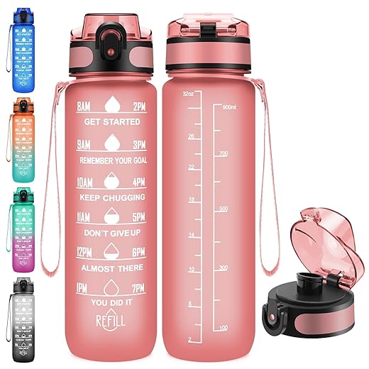 Esgreen Sports Water Bottles 32 oz With Motivational Time Maker, No Straw, BPA & Toxic Free, 32oz big Measured Plastic Water Jugs For Drinking With Strap For Women Girls Men, For Travel,Gym,School