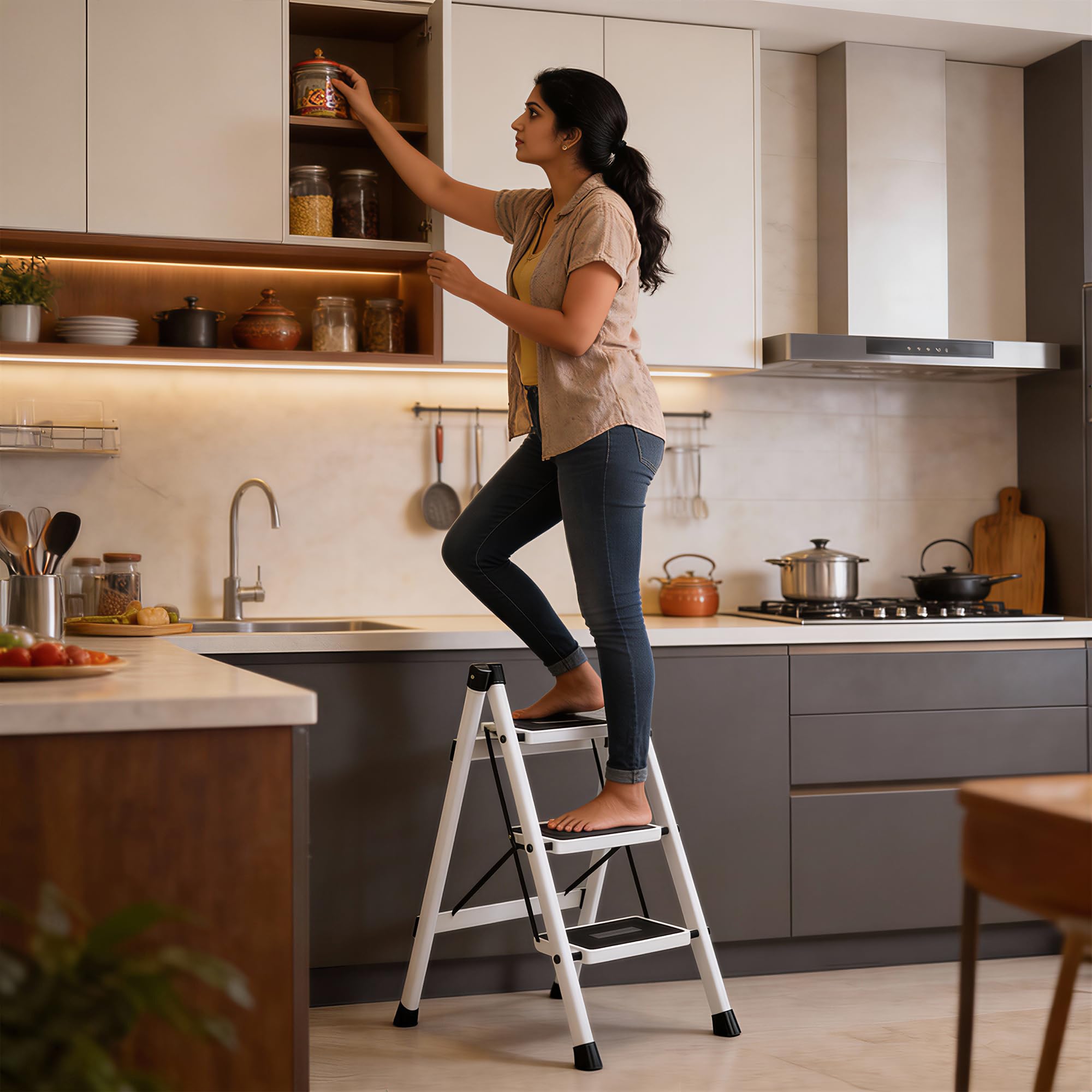 Plantex 3 Step Ladder for Home Use/Wide Anti-Slip Heavy-Duty Step Stool/Lightweight Kitchen Ladder 3 Step (White) 1