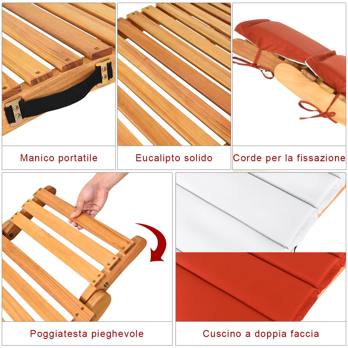 GYMAX Lettino Prendisole Pieghevole, Lettino a Sdraio in Legno con Morbido Cuscino, Poggiatesta Pieghevole, Sdraio per Esterni, Portata 180 kg, per Giardino, Terrazza, Patio