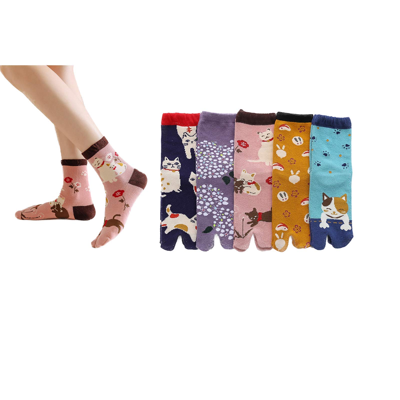 Cntqiang 5Pairs Japanese Style Flip Flop Socks for Women Cartoon Cat Cotton Tabi Split Toe Sock Medium