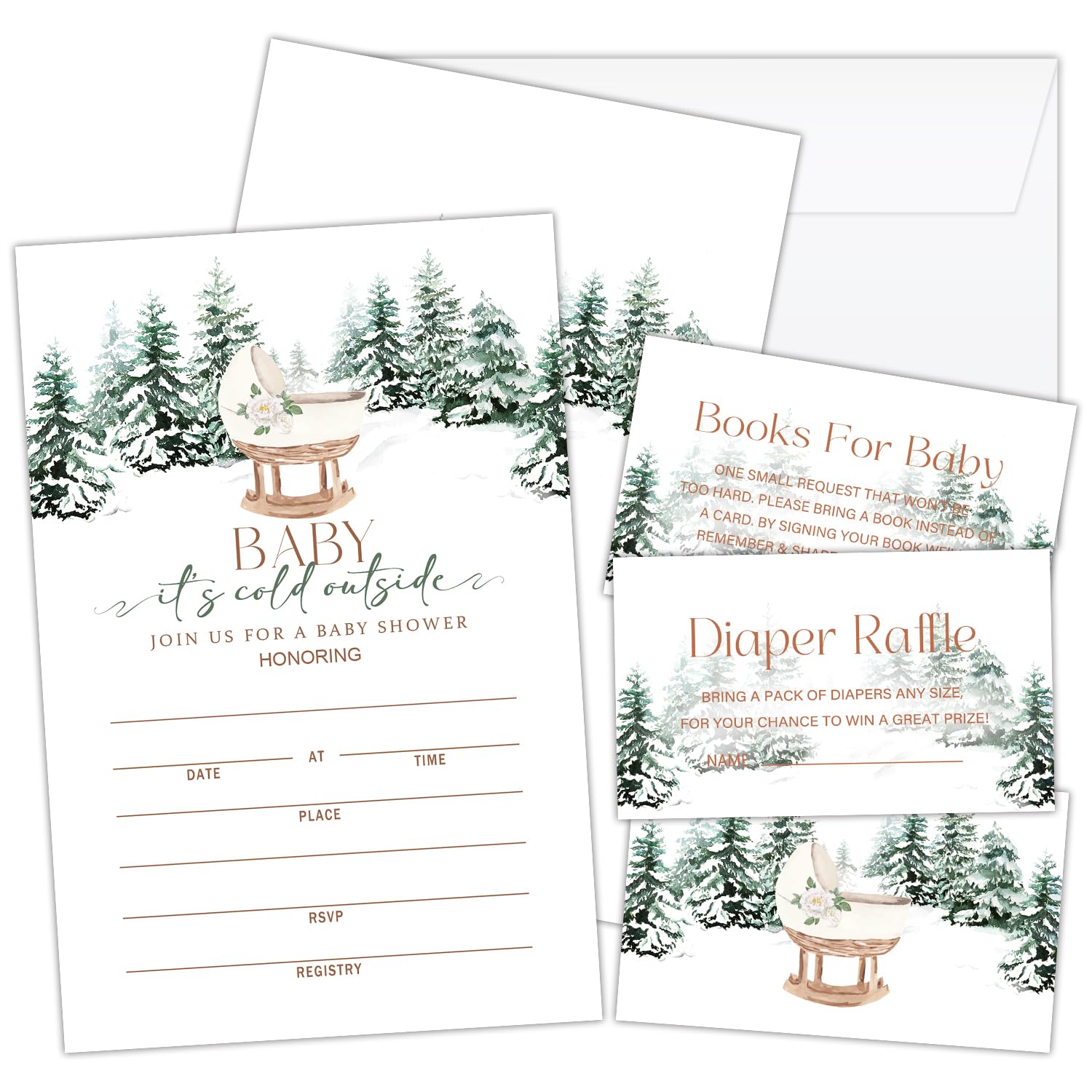 Luxurious Floral Carriage Baby Shower Invite Set (25 Sets) - Includes Diaper Raffle Tickets & Envelopes for Winter Themes
