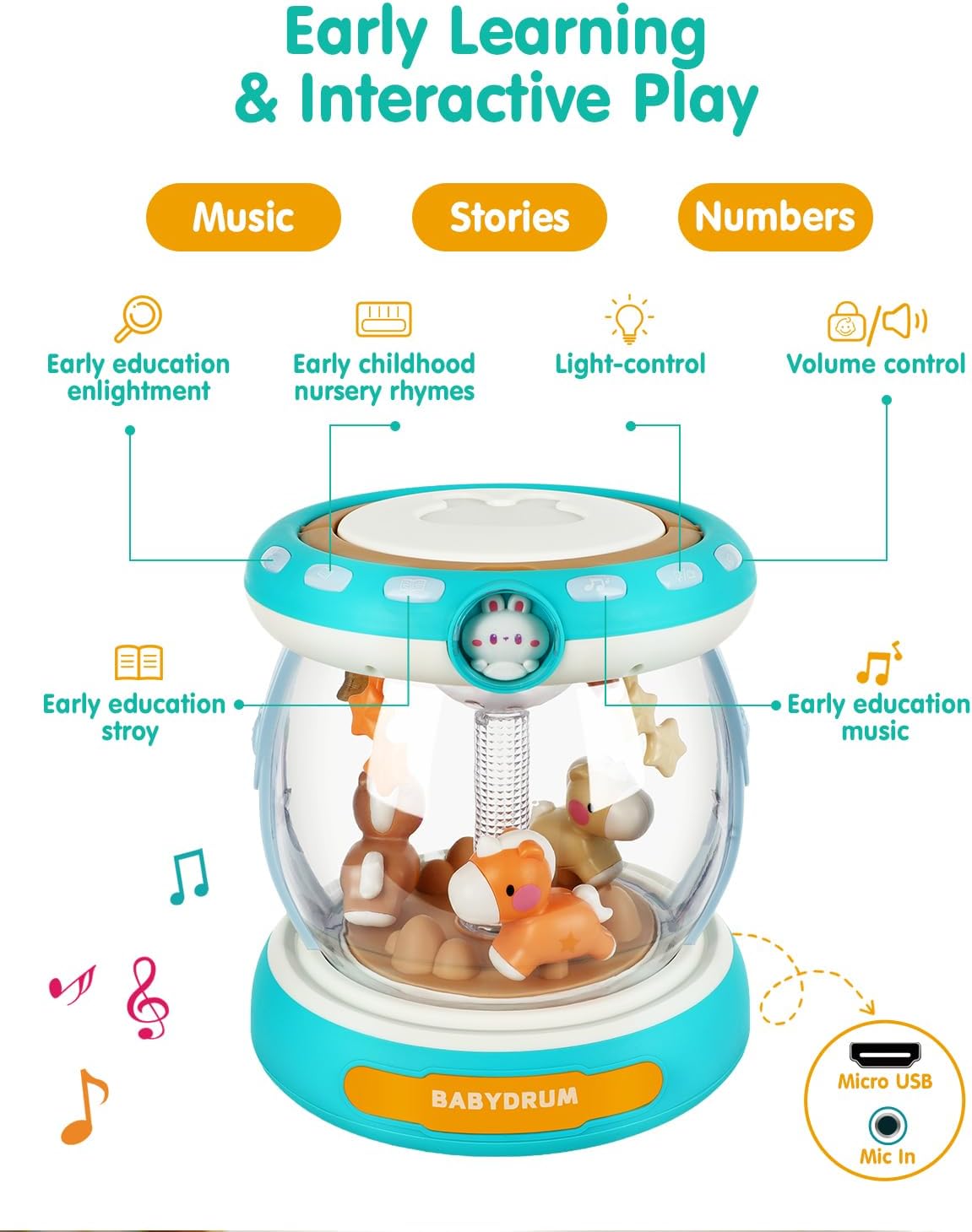 Baby Musical Drum Toy for 6-24 Months, Light-Up Carousel with Spinning Animals & Microphone, 4-in-1 Tummy Time Roll Crawl Toy with Music Stories Numbers Nursery Rhymes, Baby Boy Girl Gift