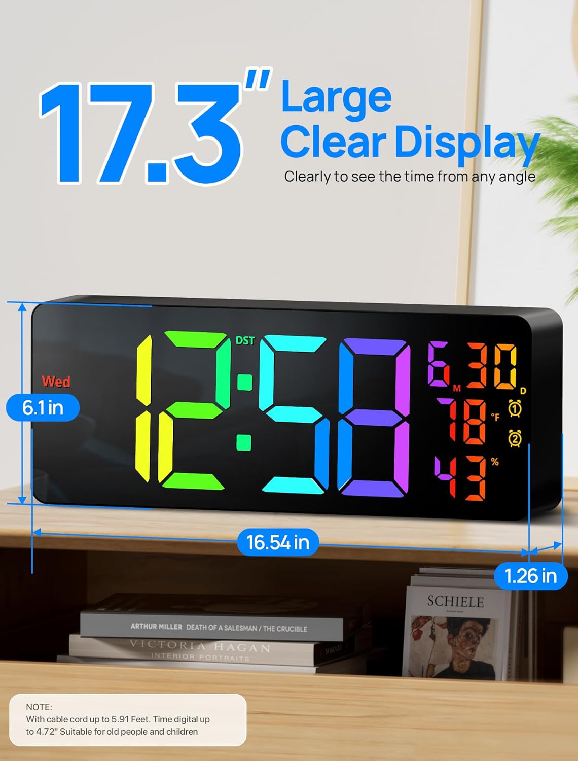MASHI 17.3" Large Digital Wall Mount Clock, Digital Clock with Remote Control, Alarm, Big LED, RGB Color, DST, Temperature for Living Room Classroom Desk, Bedroom, Decor, Gift for Elderly (RGB)