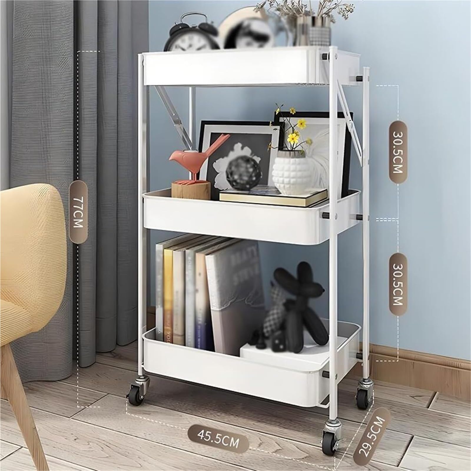 Carrito plegable de metal, estante de almacenamiento multifuncional de 3 niveles para cocina, oficina, baño, sala de manualidades, organizador de frutas y verduras, fácil movilidad