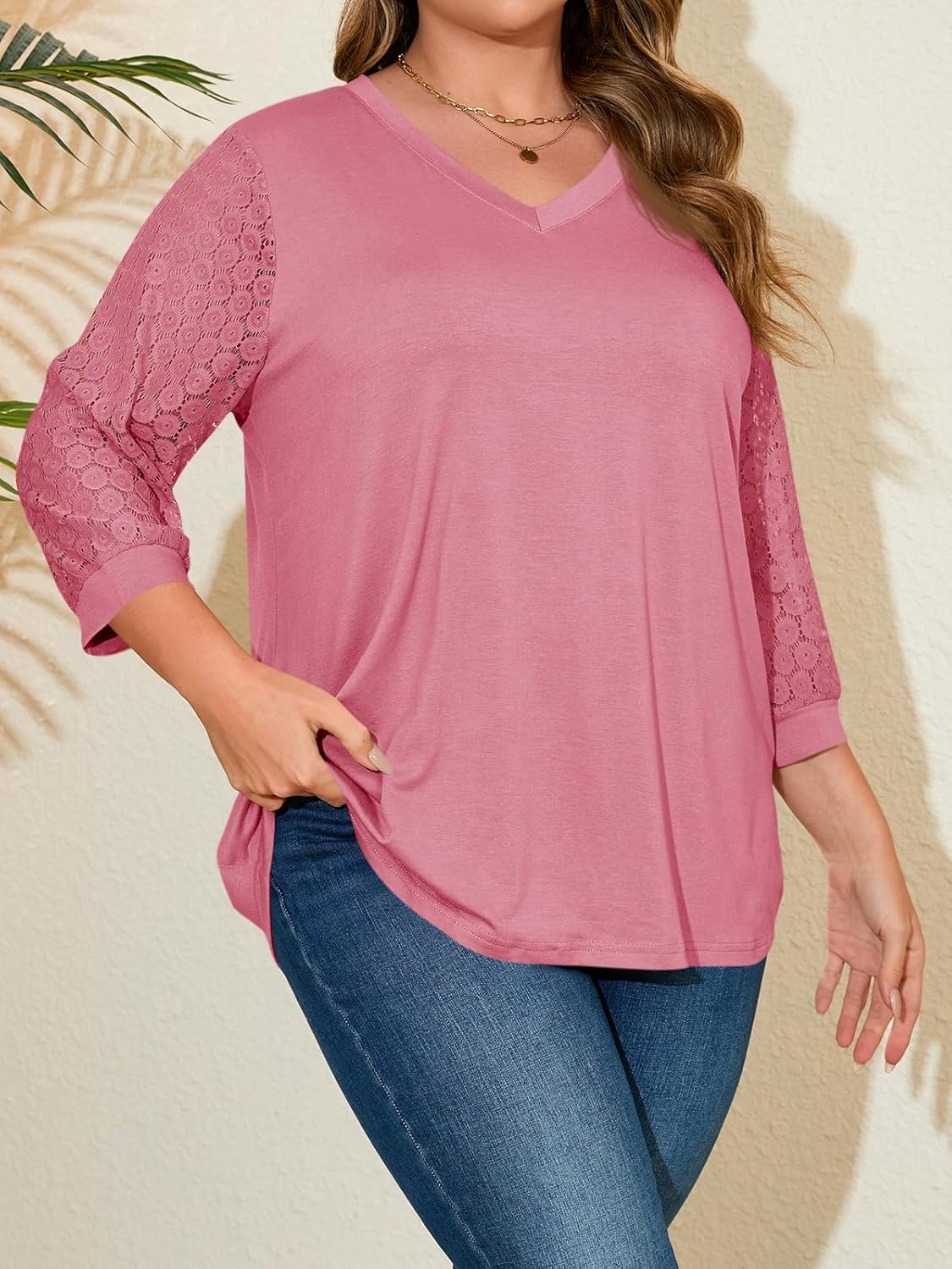 Beautife Womens Plus Size Tops Lace 3/4 Sleeve V Neck Tunic Shirts Casual Loose Fit Curvy Blouse - Image 2
