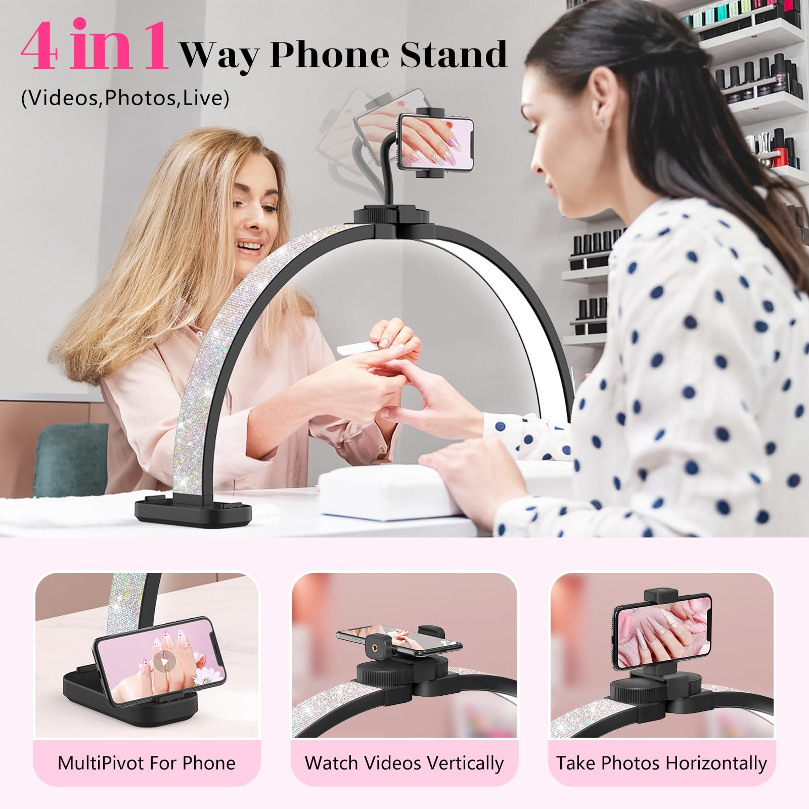 Half Moon Light for Nail Tech: 31 inch Lash LED Lamp with Phone Holder - 48W Foldable Arch Lights for Eyelash Tech - Manicure Handicraft Lighting for Spa,Salon: Black