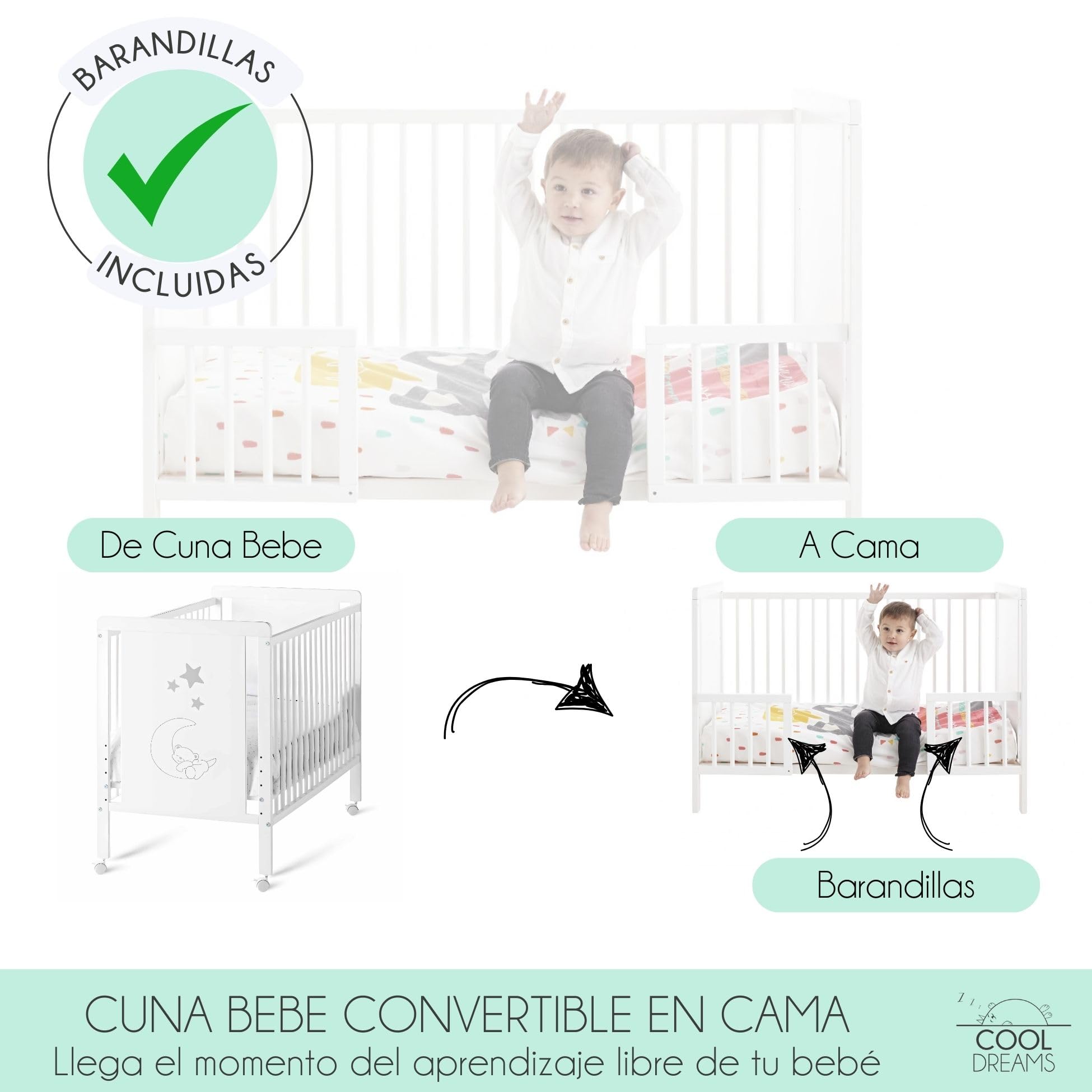 Cool · Dreams Indi-KC-BRDLL-CDEB Kinderbett mit Bettset, Unisex | Nordischer Stil. Buchenholz, Bausatz und 4 Rollen im Lieferumfang enthalten. Geländer zur Umwandlung in ein Kinderbett.
