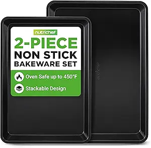 NutriChef 2-Piece Baking Sheet Non Stick - Premium Carbon Steel Cookie Sheets for Baking - Large and Medium Baking Trays for Oven - Black