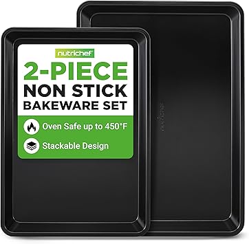 NutriChef 2-Piece Baking Sheet Non Stick - Premium Carbon Steel Cookie Sheets for Baking - Large and Medium Baking Trays for