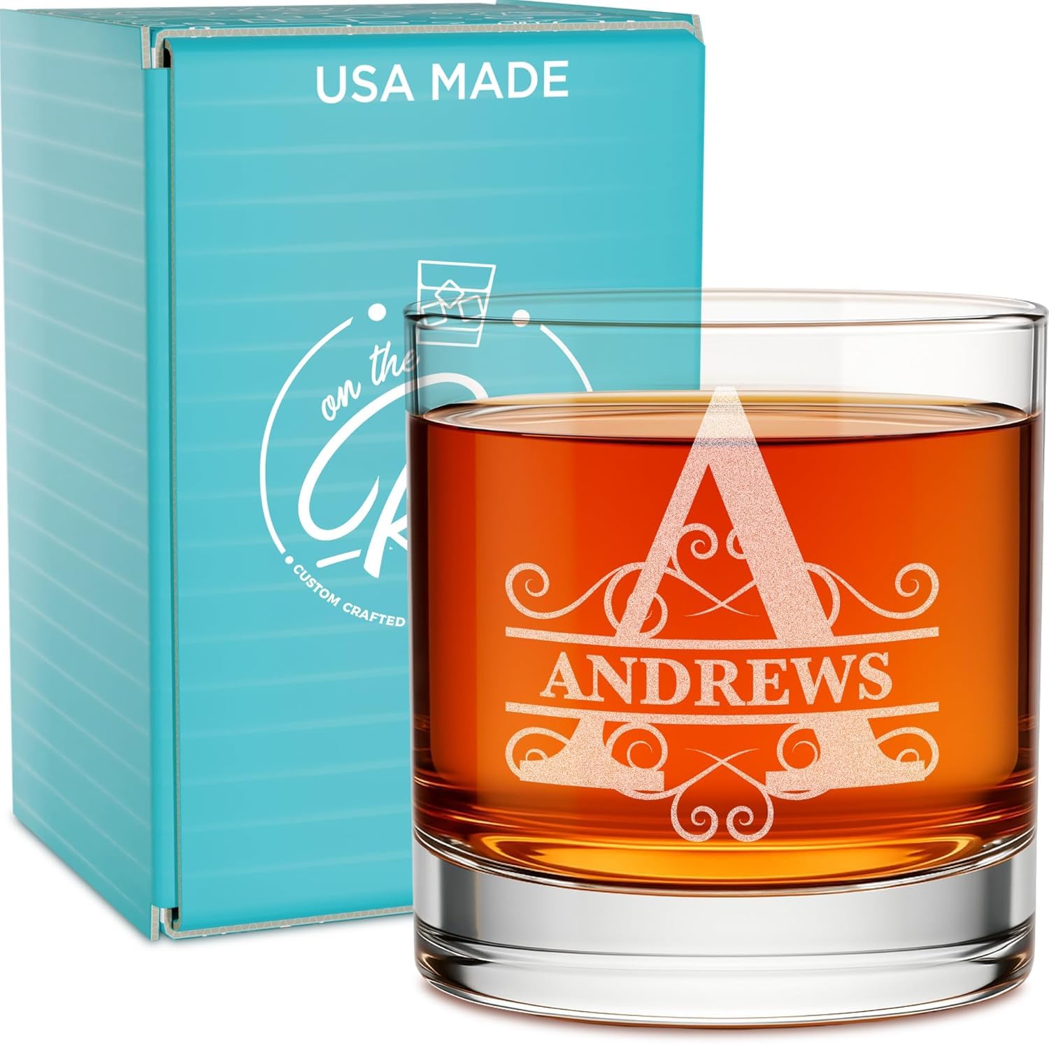 On The Rox Personalized Whiskey Bourbon Glass Gifts for Men - 11 oz Engraved Name Monogram Scotch Glass