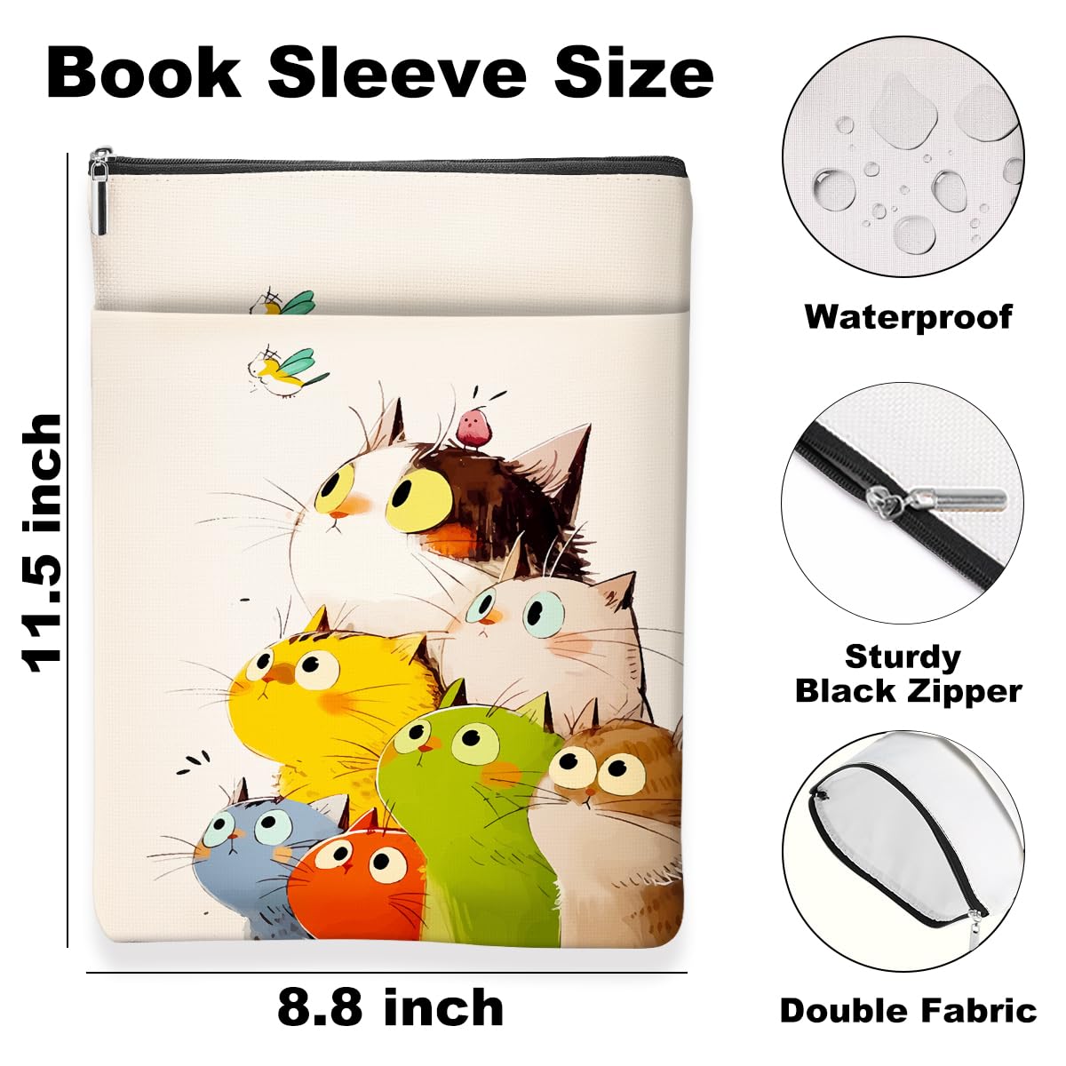 Cartoon Cat Bird Book Sleeve, Book Lovers Gifts Sleeve with Zipper & Front Pocket, 11.5x8.8 Inch Canvas Books Cover Protector Bookish Cat Lover Gifts for Readers Women Friend Birthday Gift — view 2