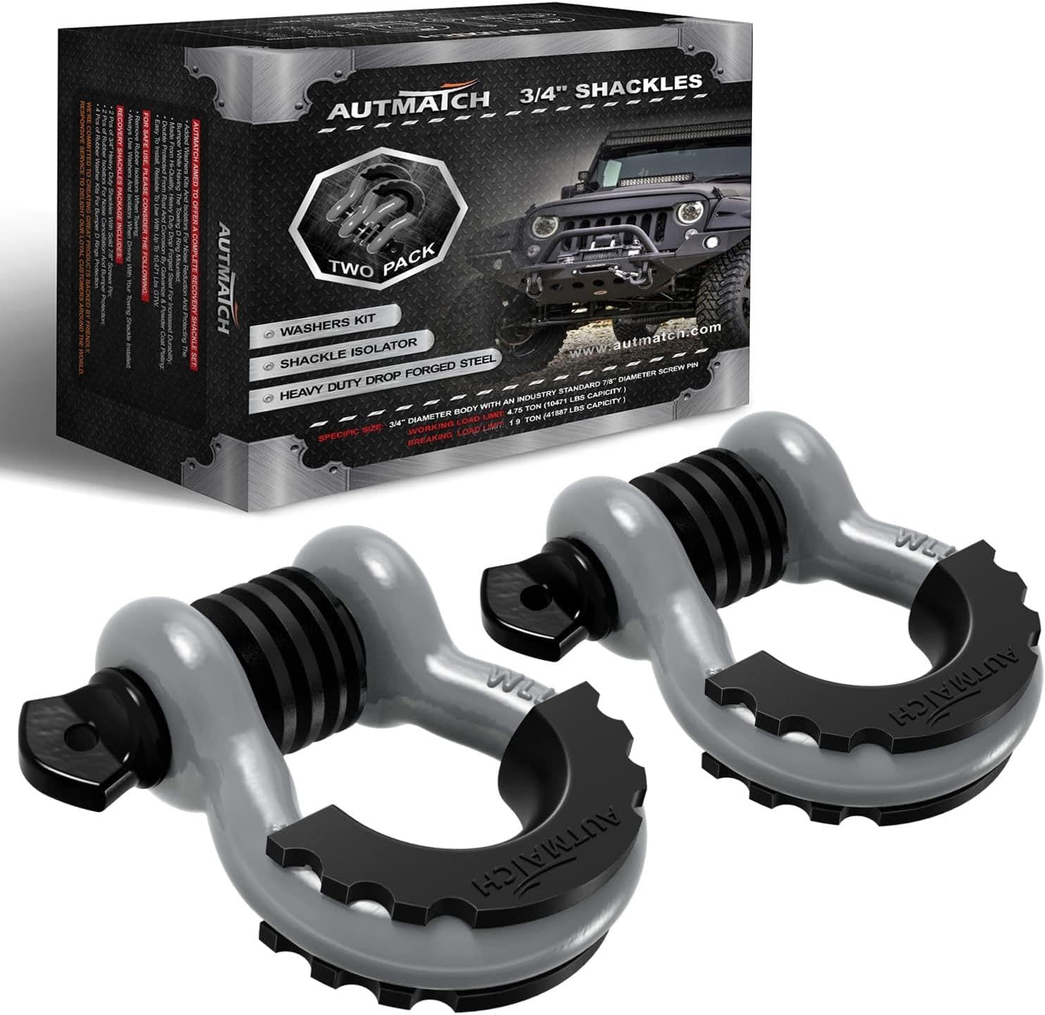 AUTMATCH Shackles 3/4" D Ring Shackle (2 Pack) 41,887Ib Break Strength with 7/8" Screw Pin and Shackle Isolator & Washers Kit for Tow Strap Winch Off Road Towing Jeep Vehicle Recovery Gray & Black