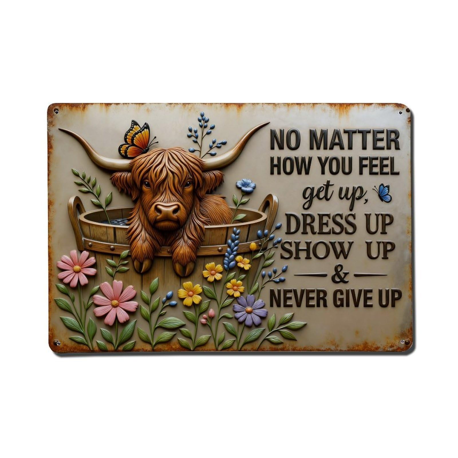 Cow In Basket With Flowers Metal Tin Sign Plaque