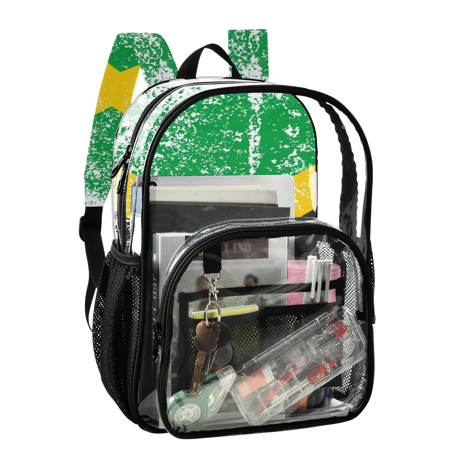 Aflyko Patriot PVC Backpack Jamaica Flag Vintage Transparent Bag Stadium Approved Daypack for Live House Concert Sport Game Festival Event Traveling