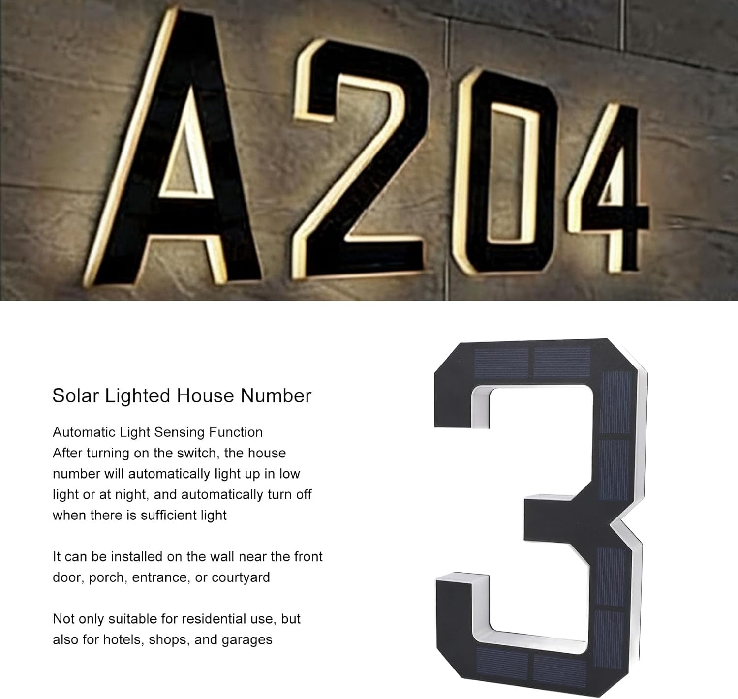 Solar Lighted House Number 3, Water Proof Auto Light Sensor LED Illuminated Address Sign with Warm Glow, LED Address Numbers Signs for Home Hotel Shop Garage
