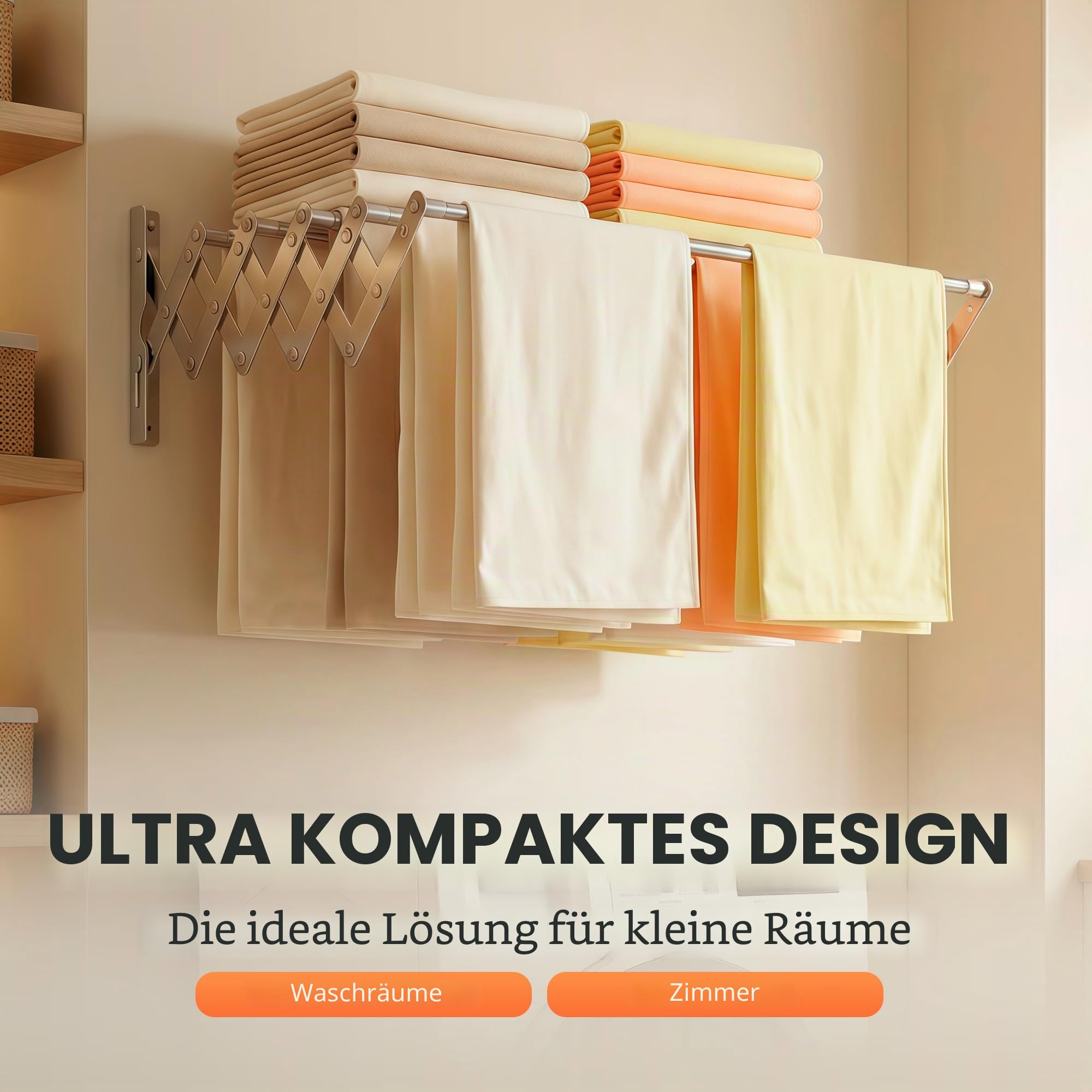JUPPLIES Wand-Wäscheständer Ausziehbar 100 cm – Klappbarer Wäscheständer zur Wandmontage Innen & Außen – 5 Edelstahlstangen, Einfache Montage, Inklusive Wäscheklammern