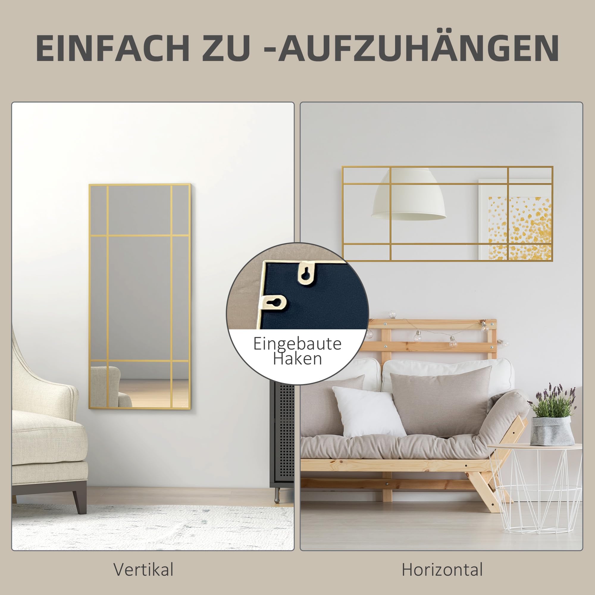 HOMCOM Lustro ścienne 110x50cm Dekoracyjne lustro z metalową ramą Złoty