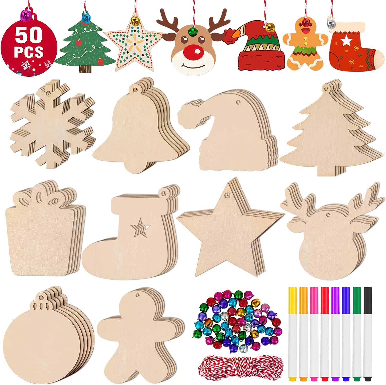 Besteek Home 158 Pcs Wooden Christmas Ornaments Unfinished, 50 Pcs Wood Slices in 10 Shape Christmas Crafts with Bells, Twine&Pens DIY Wooden Christmas Ornaments