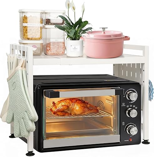 Miniatura 11 de Soporte Expandible para Microondas de Encimera, Estante Sobre Microondas de 3 Niveles Resistente con 4 Ganchos, Estante de Horno de Microondas de