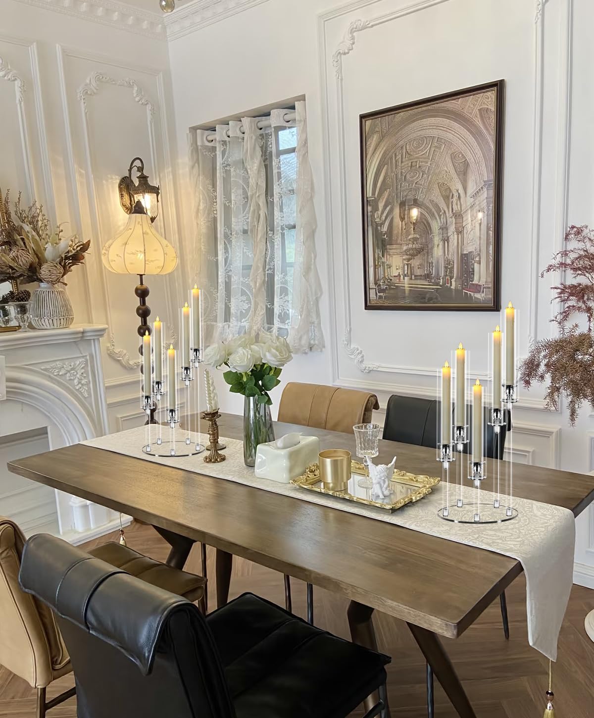 6 Sets 5 Arms Acrylic Candelabra Centerpieces for Tables,Clear Candle Holder for Wedding,Ceremony Dinner Party, 22.8" Tall Candlestick Holders with Lampshade,Fit LED Candle