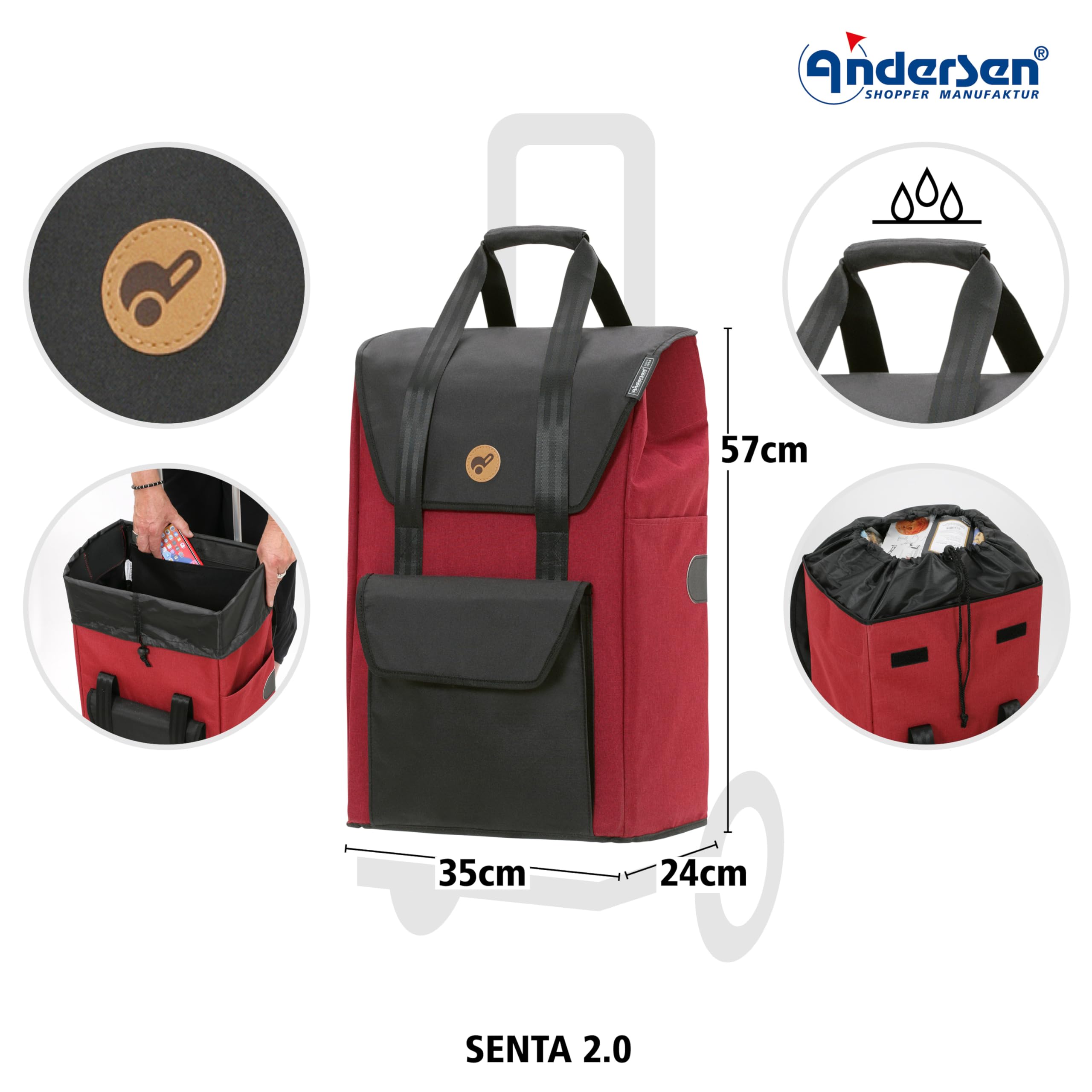ANDERSEN Einkaufstrolley - Komfort Shopper Senta 2.0 rot | mit Sitz, klappbar, aus Stahl, bis 50 kg - Tasche mit Kordelzug, Fronttasche, Reflektoren, 49 L