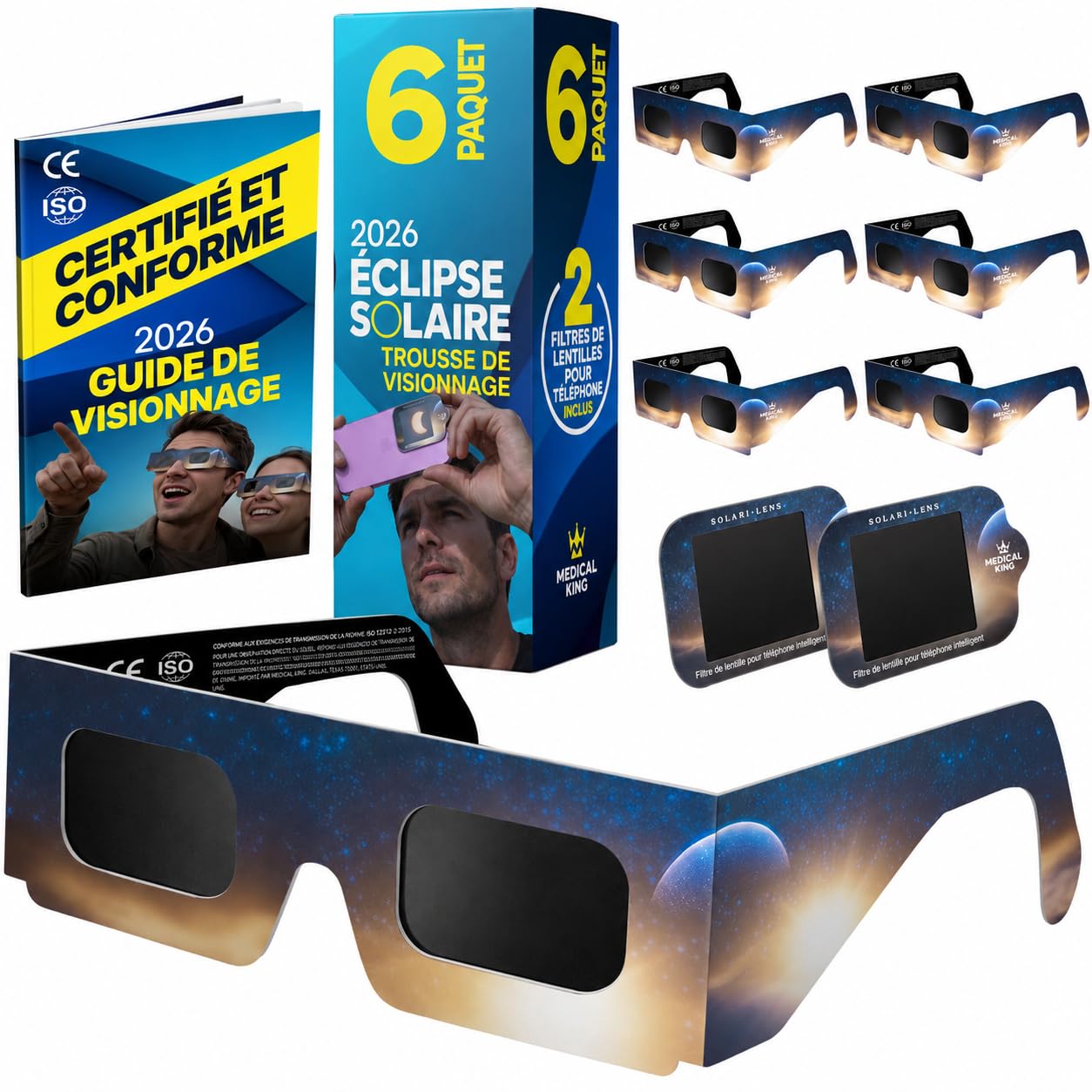 Lunettes Eclipse Solaire 2026 – Lot de 6 Paires Premium avec 2 Filtres Solaires pour Smartphone Lunettes Eclipse Solaire ISO 12312-2 Certifiées CE Protection des Yeux pour l'Observation du Soleil