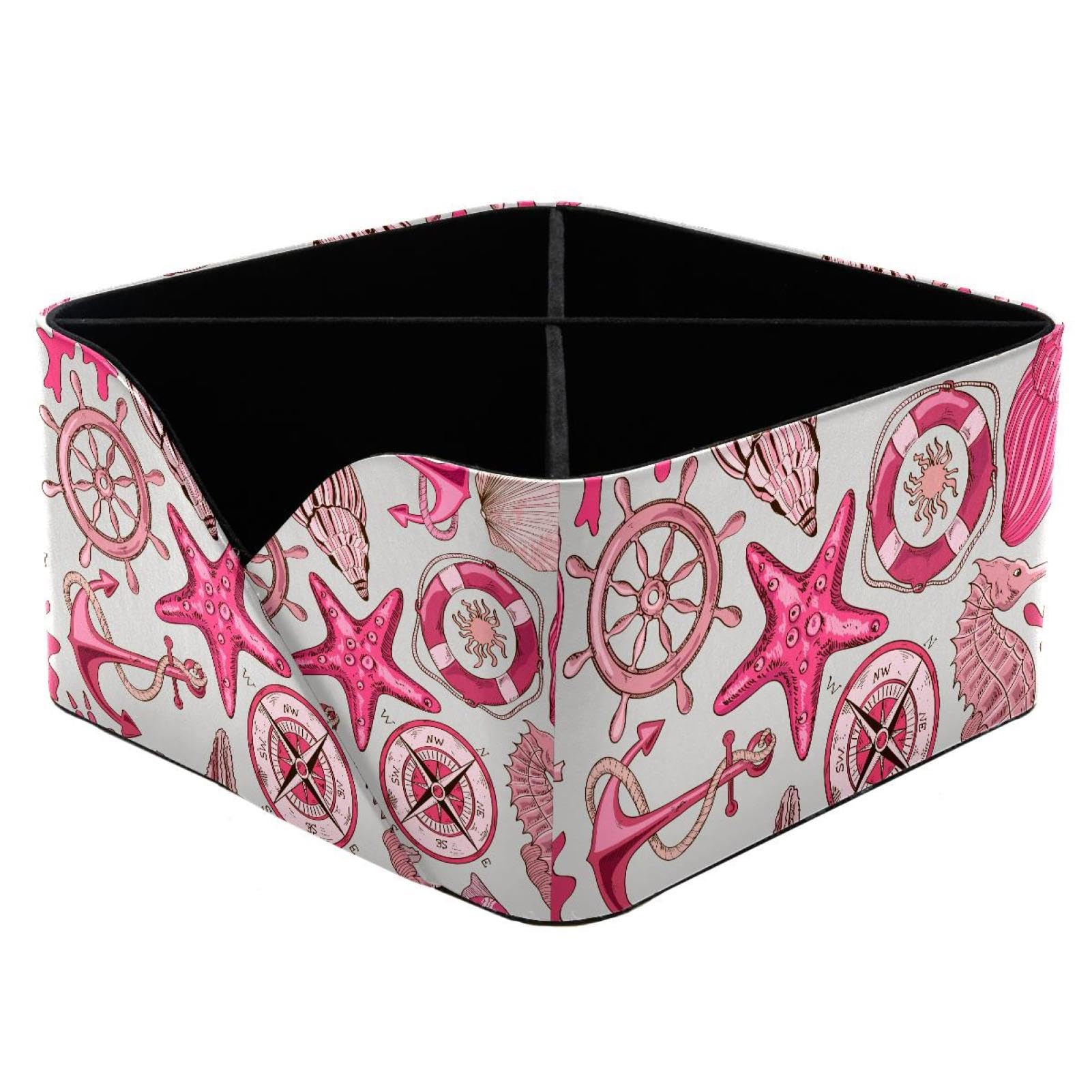 KengjuTesu Pink Sea Wheel Anchor Starfish Pattern Desktop Organizer Pen Holder, Rectangular Pencil Cup for Office, Study and Makeup Stations