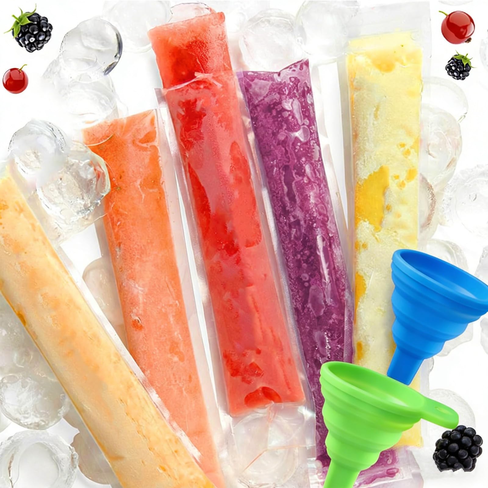200 Pack Ice Pop Bags with Zip Seals, Freeze Pop Bags for Homemade Ice Lolly, Popsicle Bags for Yogurt, Juice & Fruit Smoothies, DIY Ice Pop Sleeves with 2 Funnels (5 x 28 cm)