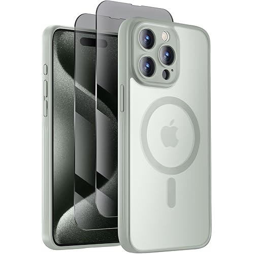 Designed for iPhone 15 Pro Case, Compatible with MagSafe, with Privacy Screen Protectors X2, [Camera Protection] [15FT Military Drop Protection] Shockpoof Phone Case, 6.1'', Calke Green
