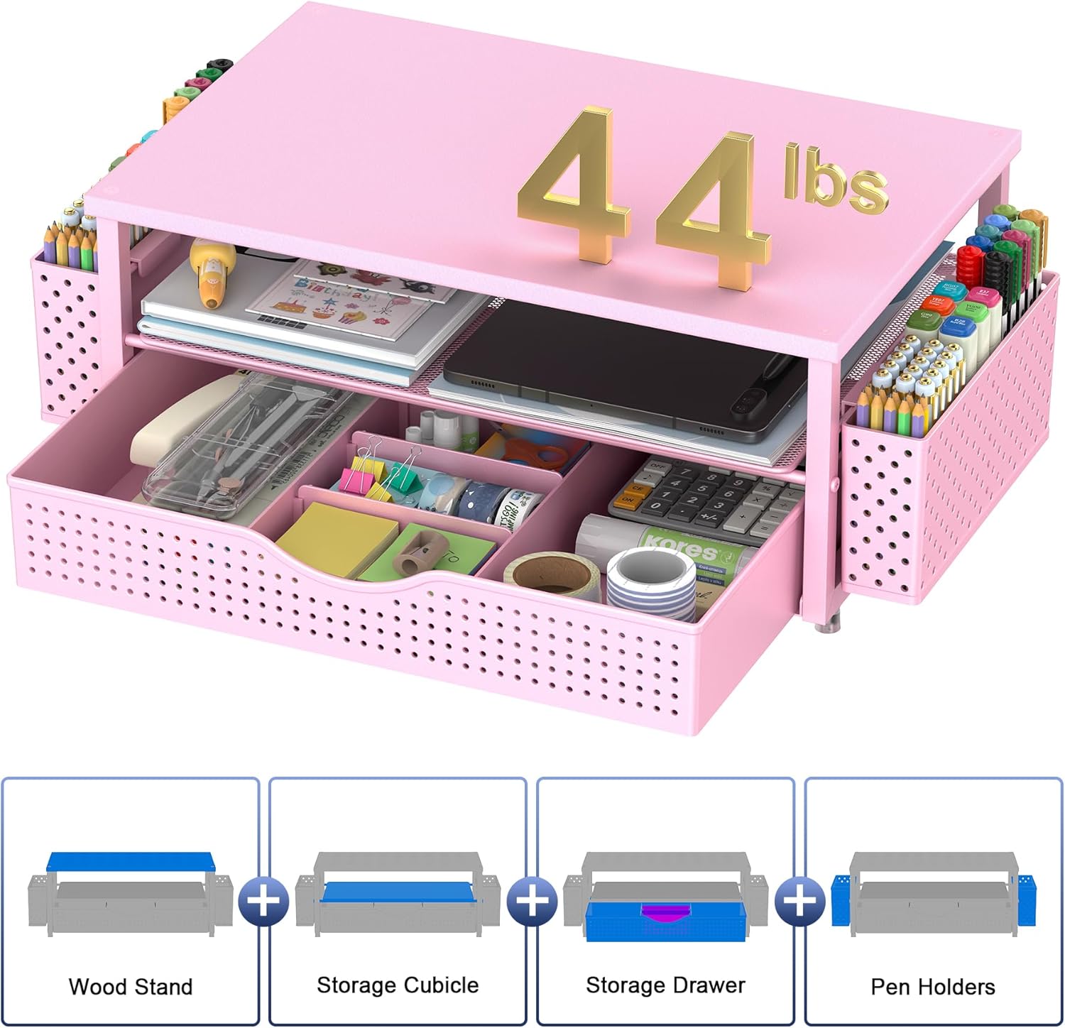 Desk Organizer and Accessories, Computer Monitor Stand Riser with Drawer and 2 Pen Holders, Office Desk Accessories & Workspace Organizers for Office Supplies (Pink) image 4 of 7 B0FDGC5LS4