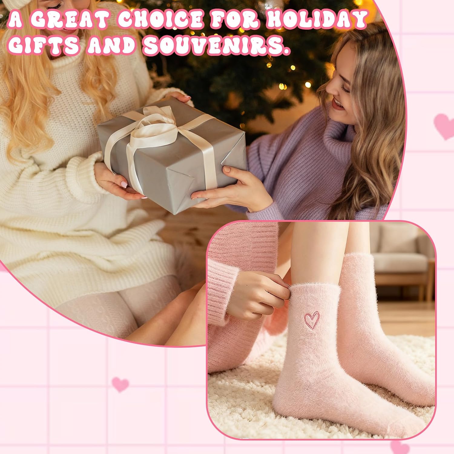 2 Pairs Super Soft Fuzzy Socks for Women, Winter Embroidered Heart Sleeping Socks