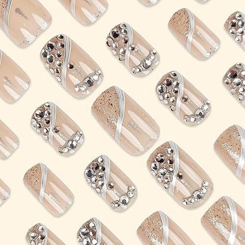 Miniatura 51 de 24 uñas postizas cuadradas medianas con punta francesa a presión, pegamento brillante en las uñas, uñas postizas de cobertura completa con diamantes