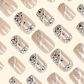 Press on Nails Medium Square Fake Nails Glitter French Acrylic False Nails with Designs Rhinestones Nails Press ons Full Cover Artificial Glue on Nail Natural Stick on Nail for Women 24Pcs