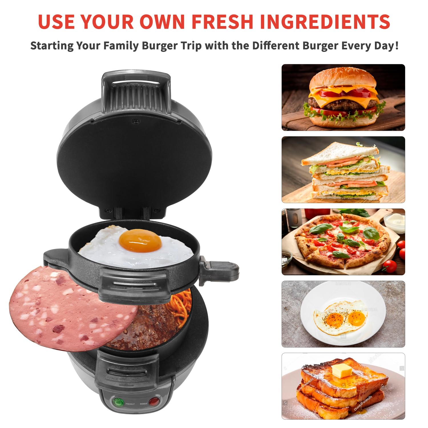 HENYEER Sandwich Toaster Burger Maker, con anelli per uova e timer, efficienti piastre riscaldanti antiaderenti con rivestimento in ceramica antiaderente, perfette per hamburger, etc (Grigio)