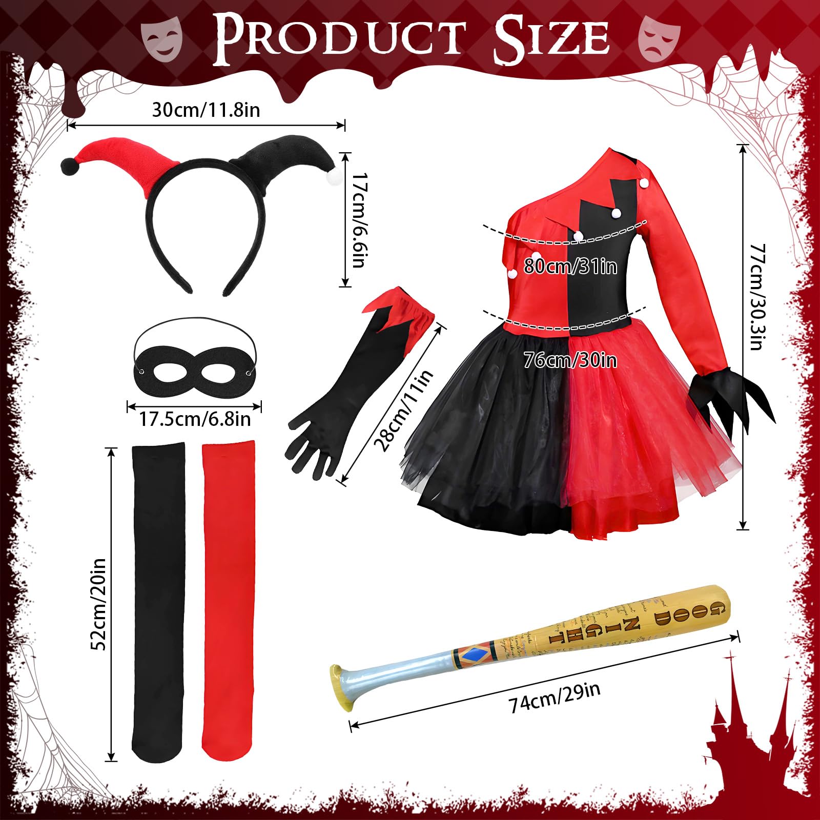 GEEKEO Quinn Costume Bambina, Clown Costume Carnevale Bambina, Vestito Carnevale per Bambini Ragazze 3-12 Anni, Joker Costumi di da Quinn Cosplay Abito per Carnevale, Fancy Dress, Halloween Feste