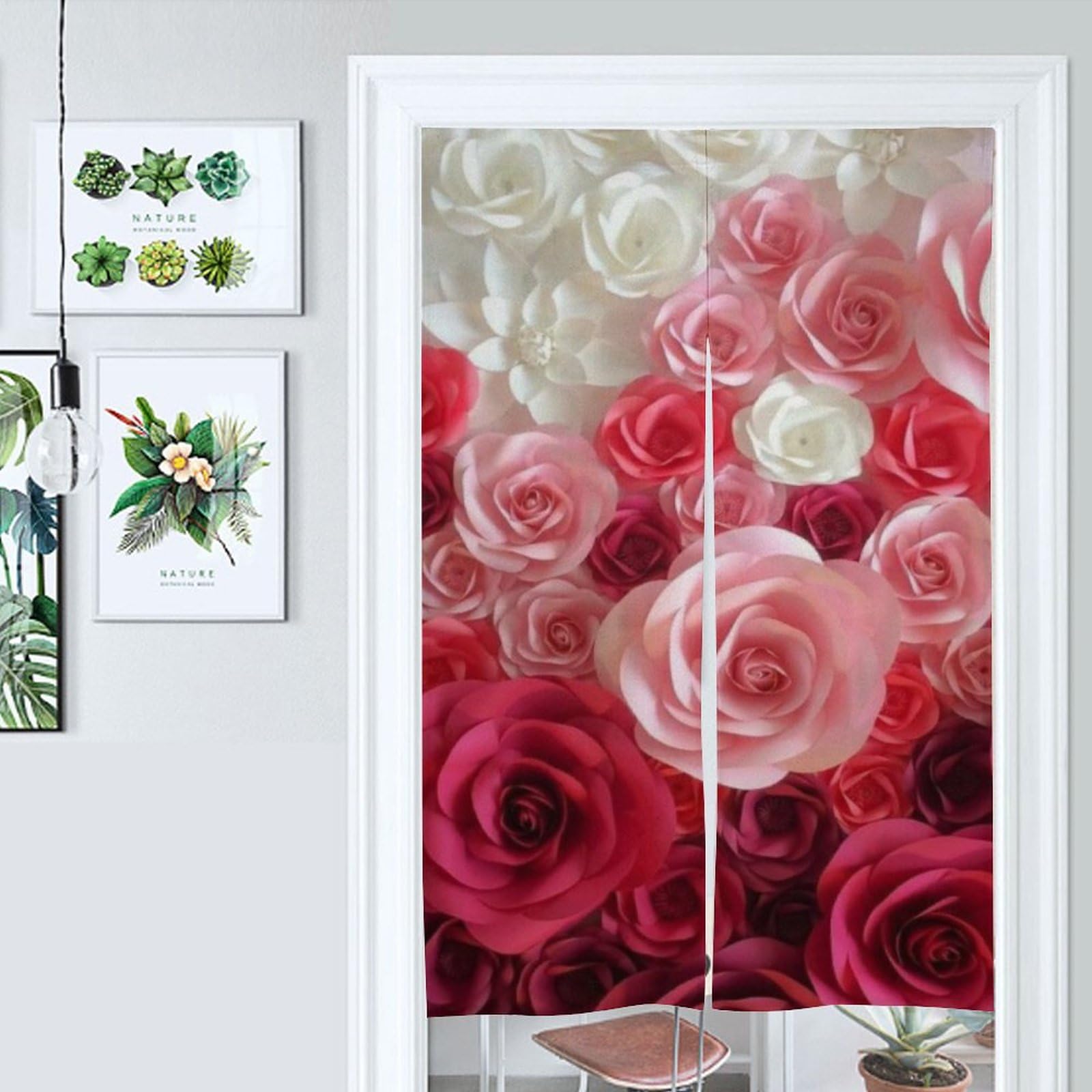 暖簾　紬　赤色 花柄３枚仕立て　フリンジ付き 暖簾 紬 赤色 花柄3枚仕立て フリンジ付き