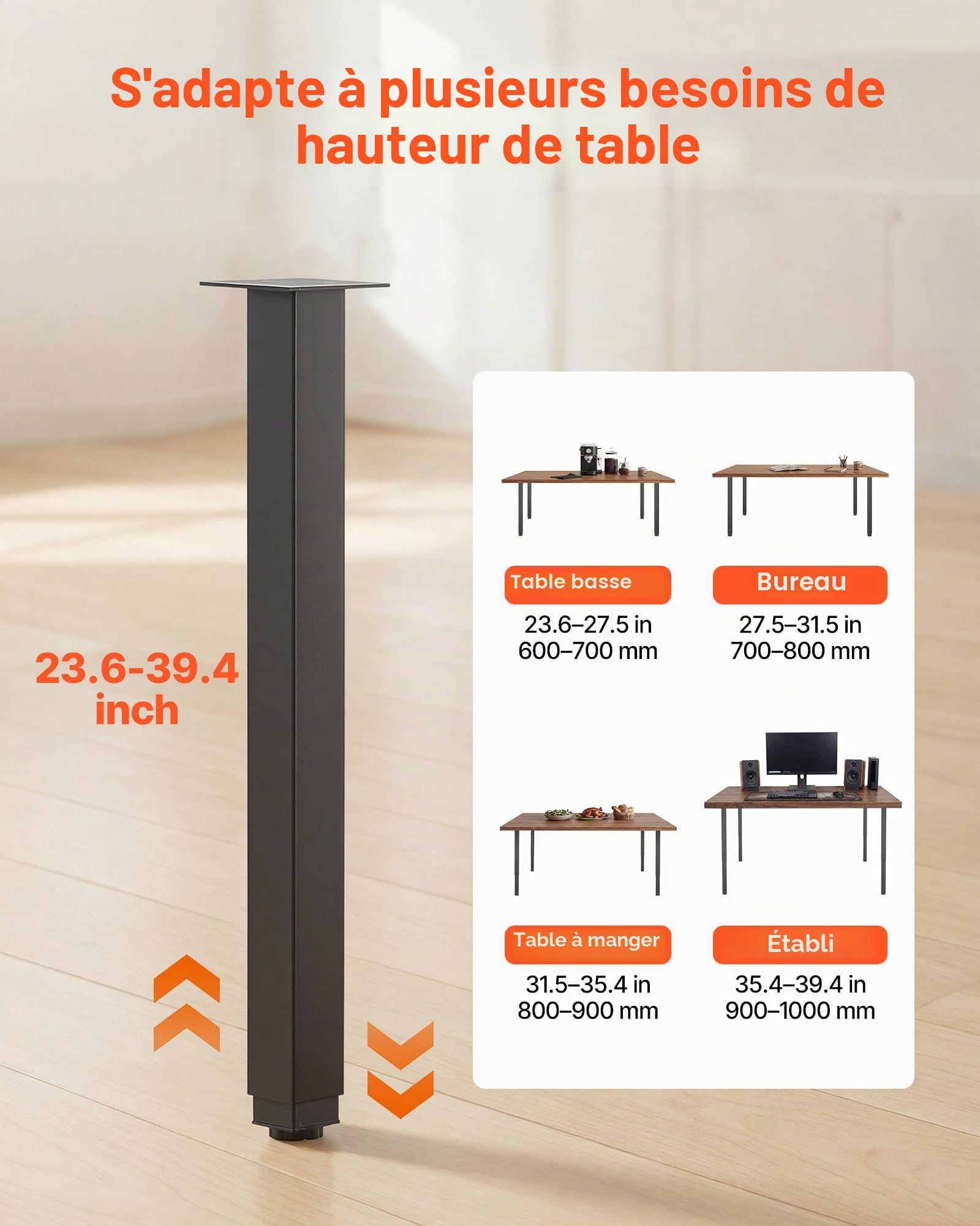 VEVOR Pieds de Table Réglables en Hauteur 610-1016 mm Lot de 4, Pieds de Bureau, Tubes Carrés en Acier au Carbone, Charge Max. 544 kg pour Bureau, Table à Manger, Établi et Table de Bar, DIY, Noir