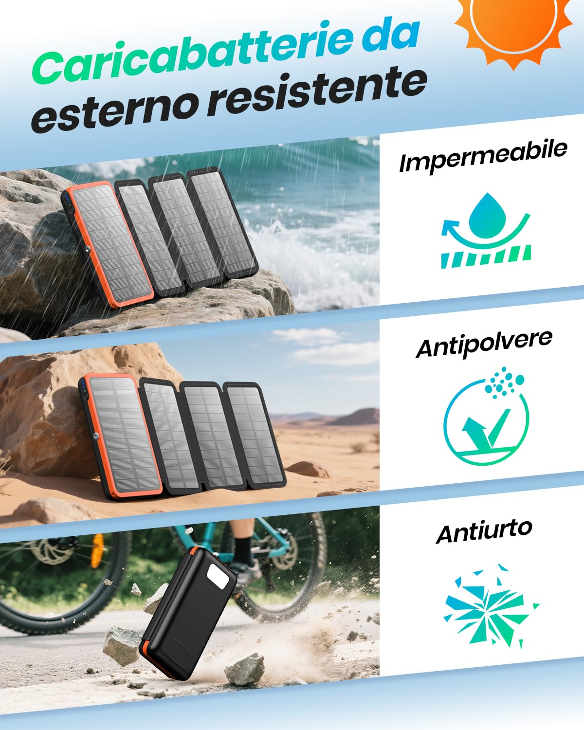 Power bank Solare 20000mAh – A ADDTOP Caricabatterie solare con ricarica rapida 22.5W, 3 uscite e 4 pannelli solari pieghevoli, batteria esterna per telefoni e tablet, da campeggio