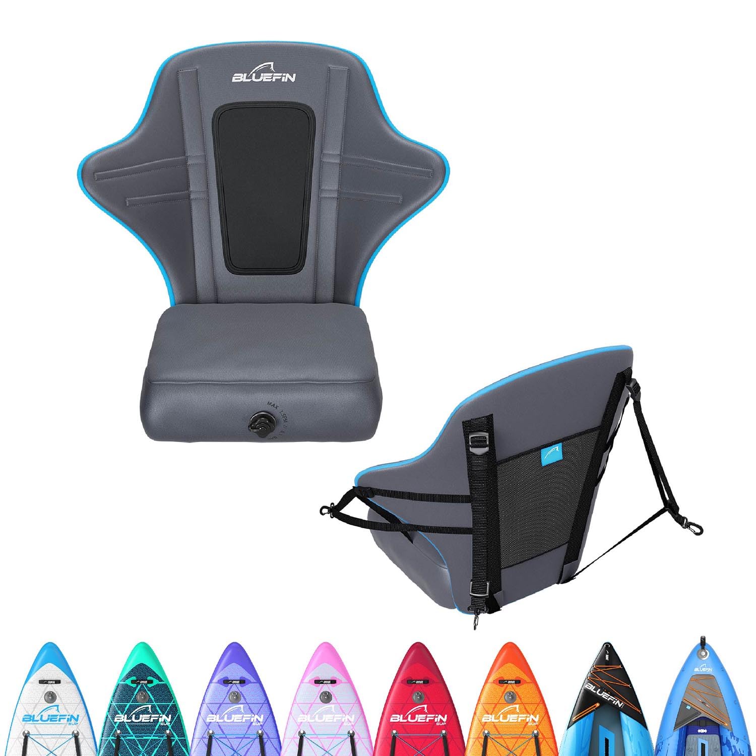 Bluefin SUP & Kajak-Sitz | Aufblasbares Sitzpolster, Netz-Tasche | Verstellbare Riemen, rostfreie Clips | Verstärkte Stützstangen | Leichter Quick-Dry-Sitz | Grau