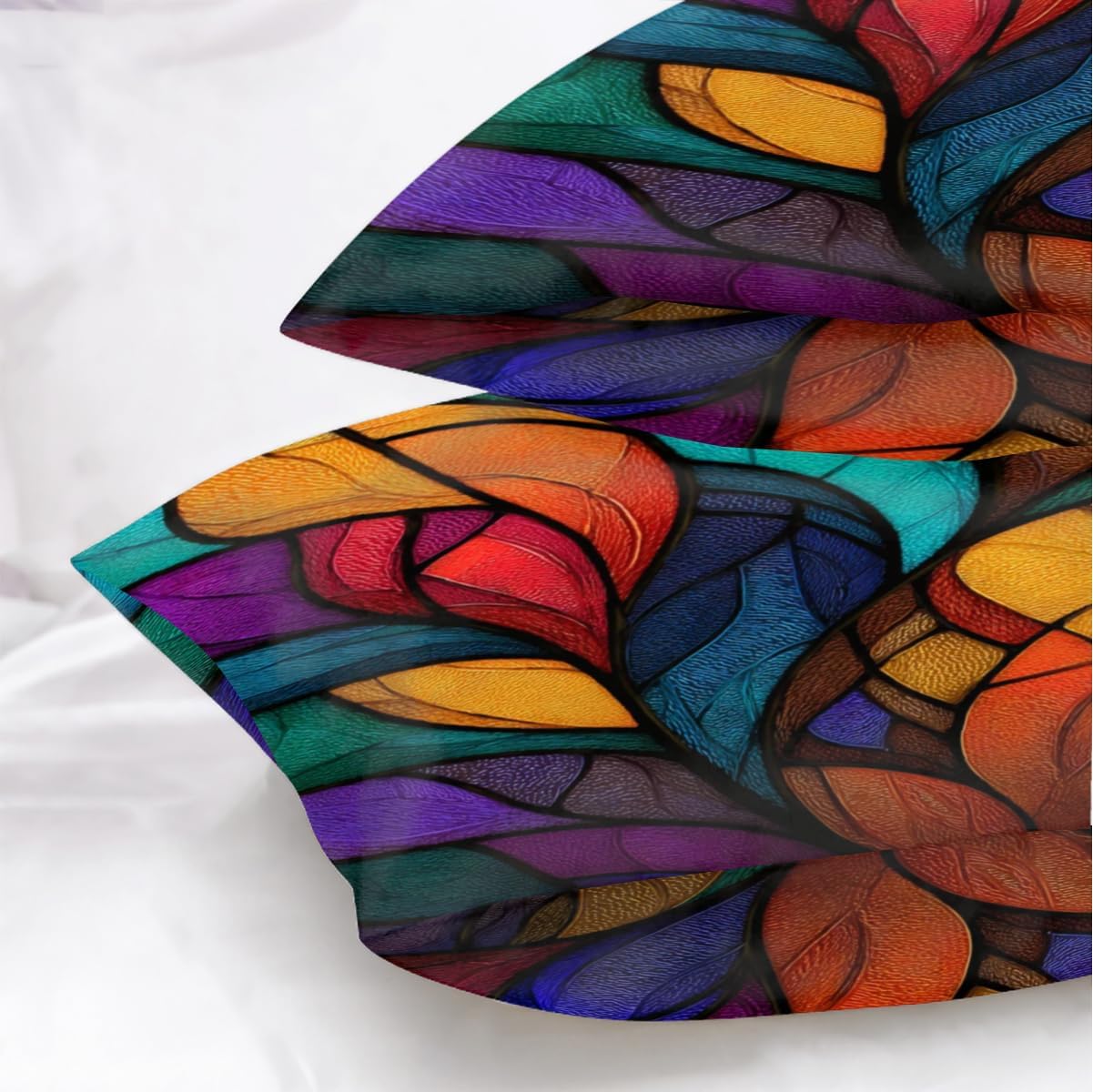 Multicolor Stained Glass Leaf Print Pillow Cases Set of 2 20"×26" image 3