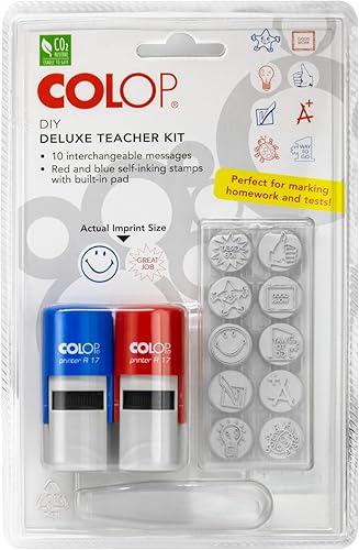 Miniatura 3 de Colop - Kit de sellos temáticos para profesores, sellos autoentintados rojos y azules con 10 mensajes únicos y pinzas para un fácil cambio