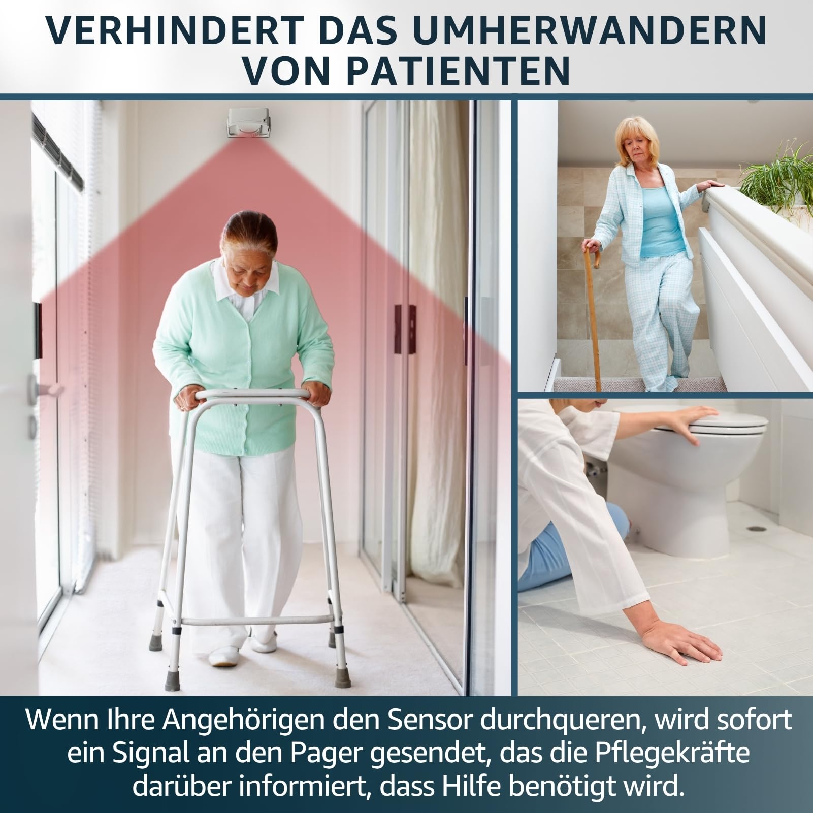 Pflege-Pager mit 2 Bewegungssensoren, kabelloser Bettalarm | Pflege-Rufsystem für Senioren, Patienten und Demenzbetreuung mit zuverlässiger Bewegungs- und Bettüberwachung