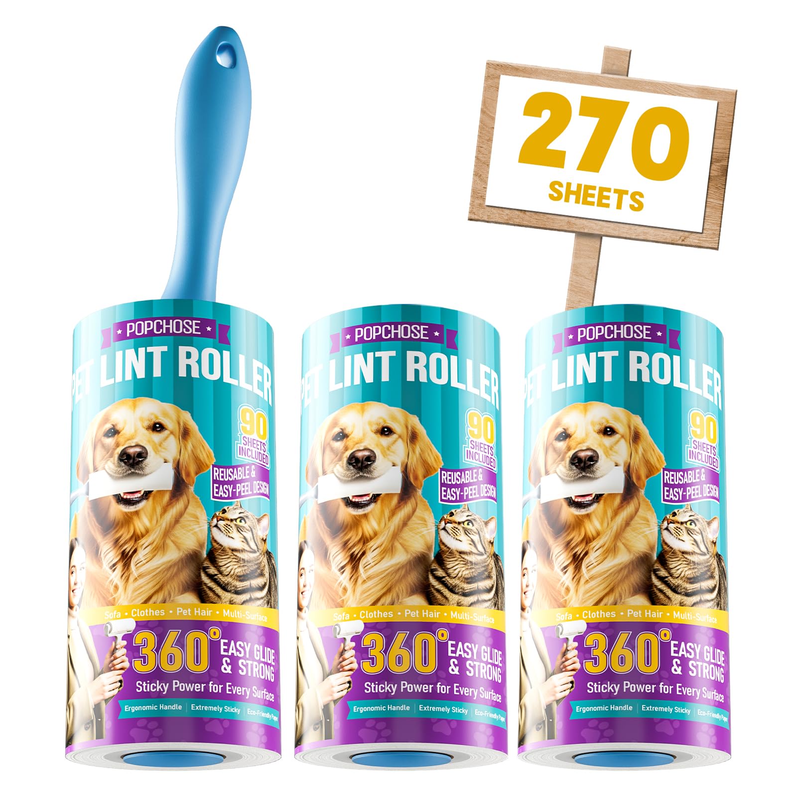 POPCHOSE Lint Roller for Pet Hair Extra Sticky, 270 Sheets with 1 Handles