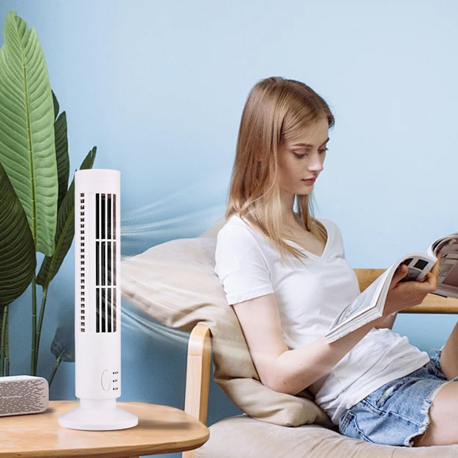 Ventilatore a torre senza pale, con ricarica USB, portatile, con luce notturna morbida, per casa, ufficio e camera da letto, ideale per uso interno
